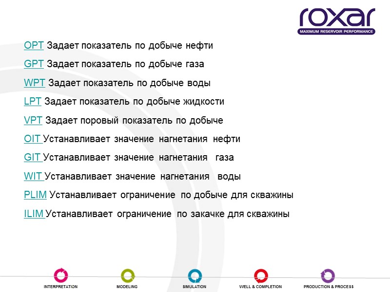 OPT Задает показатель по добыче нефти GPT Задает показатель по добыче газа  WPT